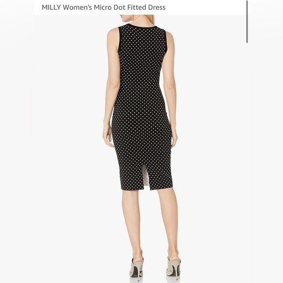 MILLY Women's Micro Dot Fitted Dress, black and white polka-dot. Midi size 6 P - Picture 3 of 7